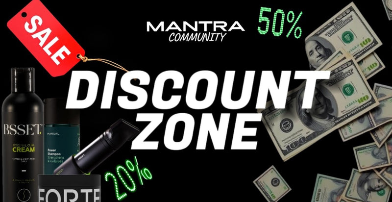 Promotional banner for 'Mantra Community' with discount text, sale labels, and money graphics on a black background.