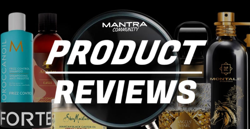 Promotional graphic for 'Product Reviews' with various hair care products and 'Mantra Community' branding.