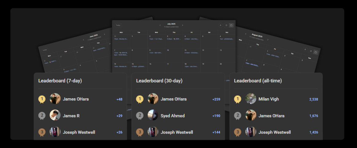 Leaderboards and event calendar displayed on a dark background