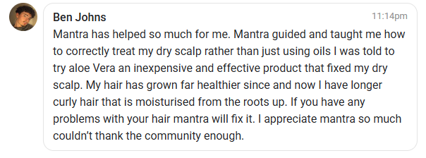 User review of Mantra for dry scalp treatment on a white background