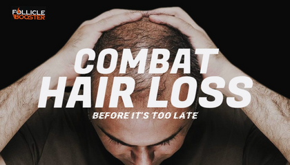 Person with hair loss holding head, text 'Combat Hair Loss Before It's Too Late' on black background