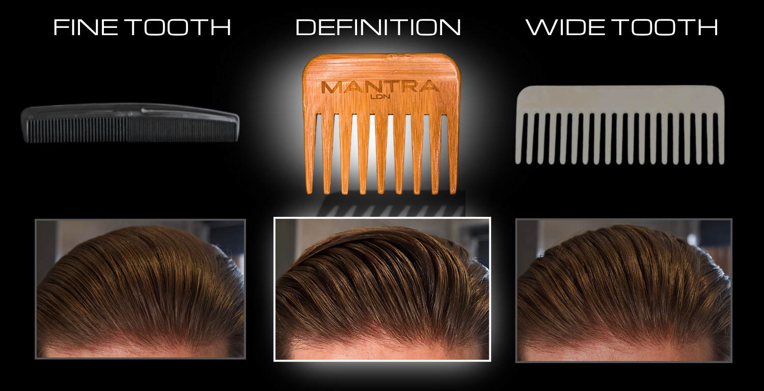 Comparison of fine tooth, MANTRA Definition, and wide tooth combs with hair styling results.