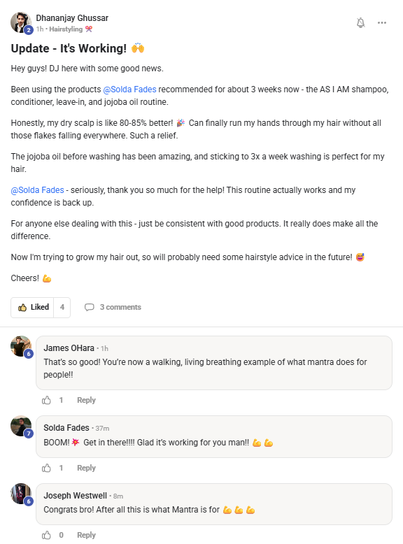 Social media post with user feedback on a hair care routine, featuring text and user comments.