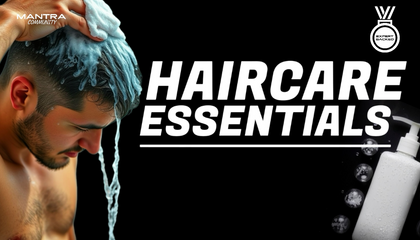 Man applying shampoo to his hair with a bottle of shampoo on a black background, featuring 'Haircare Essentials' text.