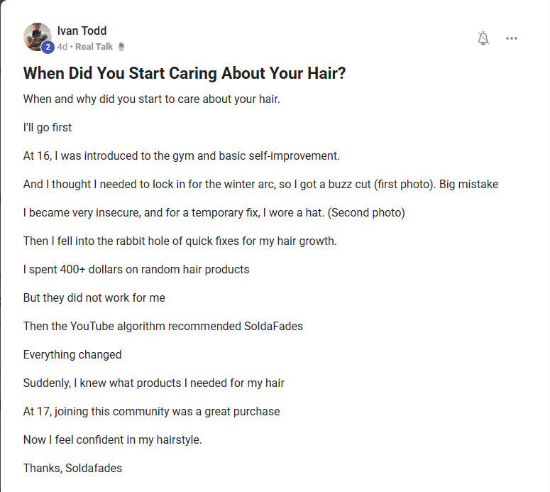 Post by Ivan Todd about his journey with hair care and product recommendations.