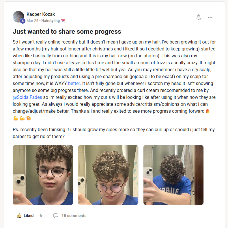 Social media post with a person sharing hair growth progress and product recommendations.