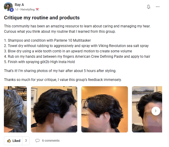 Hair styling routine and product critique post with images of hair before and after styling.