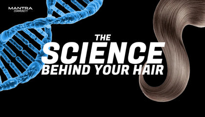 Advertisement for 'The Science Behind Your Hair' with a DNA strand and hair strands on a black background.