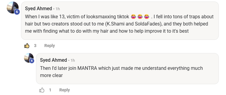Two comments from Syed Ahmed on a social media platform discussing hair-related content and creators.