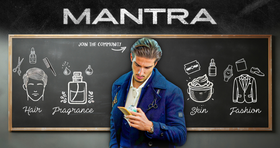Soldafades in front of a MANTRA chalkboard with Hair, Fragrance, Skin and Fashion icons in chalk.