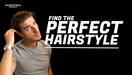 Soldafades adjusting his hair with text 'Find the Perfect Hairstyle' and 'Mantra' logo on a black background